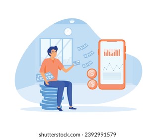 Employee or workers are happy receive a monthly salary, people calculating money, active income.  flat vector modern illustration 