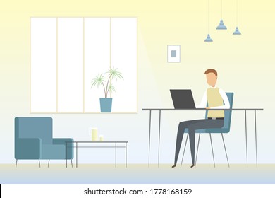 Employee working alone in office. Vector illustration.