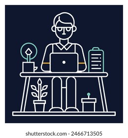 An employee is working at a computer desk, Simple outline style, Vector
