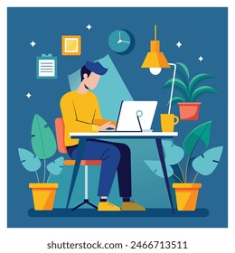 An employee is working at a computer desk, Simple outline style, Vector