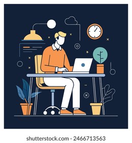 An employee is working at a computer desk, Simple outline style, Vector