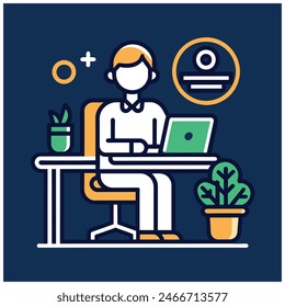 An employee is working at a computer desk, Simple outline style, Vector