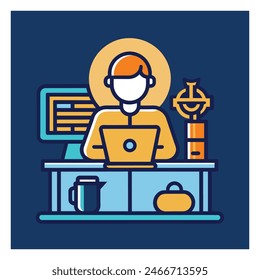 An employee is working at a computer desk, Simple outline style, Vector