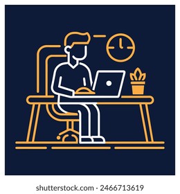 Un empleado está trabajando en una mesa de ordenador, estilo de esquema simple, Vector