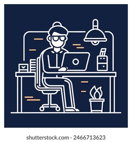 Ein Mitarbeiter arbeitet an einem Computertisch, Einfacher Gliederungsstil, Vektorgrafik