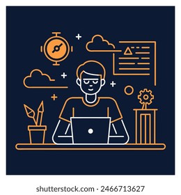 An employee is working at a computer desk, Simple outline style, Vector