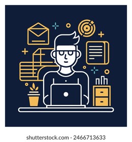 An employee is working at a computer desk, Simple outline style, Vector
