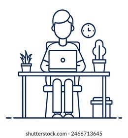 An employee is working at a computer desk, Simple outline style, Vector