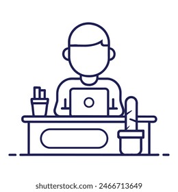An employee is working at a computer desk, Simple outline style, Vector