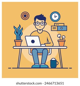 An employee is working at a computer desk, Simple outline style, Vector