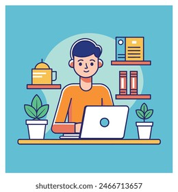 An employee is working at a computer desk, Simple outline style, Vector