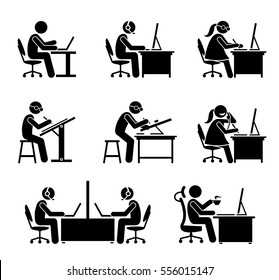 Employee working with computer and laptop at office. These jobs include programmer, software engineer, support, call center, customer service, secretary, helpdesk, receptionist, draftsman, and CEO.