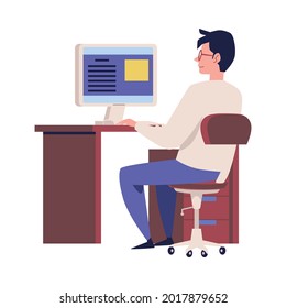 Employee working with computer at office. Office interior furniture for workplace desktop indoors, flat cartoon vector illustration isolated white background