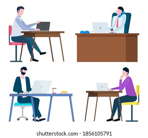 Empleado trabajando con computadora, consulta profesional. Hombres trabajadores comunicación con laptop, colaboración de intermediarios, consultor en vectores de lugar de trabajo