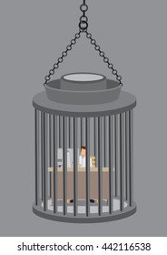 Employee working at desk job inside a cage like prisoner in jail. Creative vector business illustration on concept of feeling unhappy and trapped in a job one dislike. 
