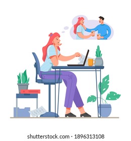 Employee working from home dreaming of team buildings and meeting with colleagues. Lady thinking of drinking coffee with boyfriend. Distraction at work. Cartoon character, vector in flat style