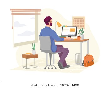 Employee working from home, remote job using personal computer or laptop for tasks completion. Businessman at workplace with gadget, light and decoration. Cartoon character, vector in flat style