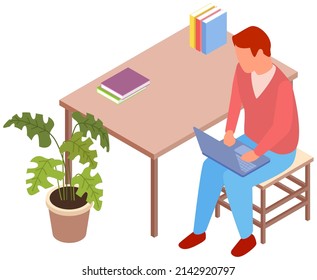 Employee working from home, remote job using personal computer or laptop for tasks completion. Businessman at workplace with gadget, books. Business man at his desk is working on laptop in office
