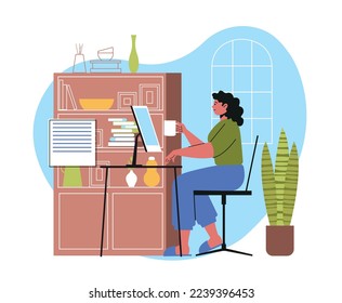 Employee working from home. Young woman sitting at desk in apartment, working on computer and drinking delicious coffee. Remote worker or freelancer takes break. Cartoon flat vector illustration