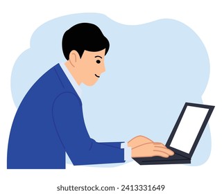 employee working with laptop or man in business suit using laptop