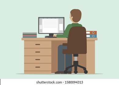 Employee working on computer in office. Vector illustration.