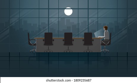 Employee working on laptop in office meeting room. Alone in the dark and light from full moon. Lonely people in the city. Lifestyle of work hard overtime and overwork. Idea illustration concept scene.