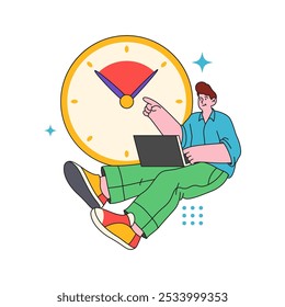 Funcionário trabalhando na conclusão do projeto no prazo. Caractere de desenho animado plano vetorial com ferramentas de aumento de produtividade, mostrando relógio com medidas de prazo. Trabalhador eficiente ou freelancer