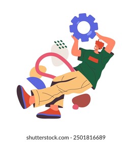 Empleado que trabaja en el proyecto, Ilustración vectorial plana de dibujos animados. Personaje aislado con ruedas dentadas y Configuraciones, ajuste para el trabajo. Resolver problemas con un enfoque creativo