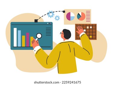 Mitarbeiter, die an der Verbesserung der Statistiken arbeiten. Unternehmensentwicklung und Projektabwicklung. Mann mit Tabellen und Diagrammen, Infografiken mit Ergebnissen oder Sparsamkeit. Vektorgrafik im Flachstil