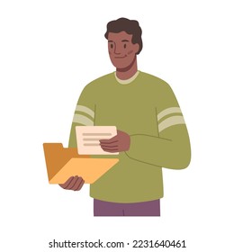 Empleado trabajando con informes y documentos, aislado hombre con archivos y páginas. Organización y gestión. Caricatura plana, vector de estilo plano