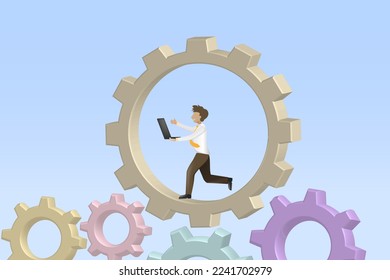 Employee working and running on cogs wheel for career achievement motivation. Hard working, business motivation, project and time management strategy.
