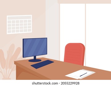 Employee workplace flat color vector illustration. Office desk with computer and document. Table in workspace for worker. Corporate 2D cartoon interior with furniture on background