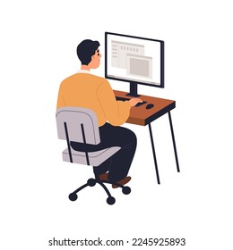 Employee works at computer desk. Office worker sitting in chair, working at desktop at table. Business man at workplace, PC screen, display. Flat vector illustration isolated on white background