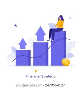 El empleado trabaja en el portátil mientras está sentado en el gráfico de barras. Análisis de datos empresariales. Concepto de estrategia financiera de Ilustración vectorial plana. Trading en el mercado de valores en línea de dibujos animados personaje color composición