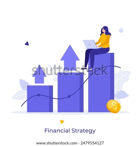 Employee works on laptop while sitting on bar chart. Business data analysis. Financial strategy concept flat vector illustration. Trading on stock market online cartoon character colour composition