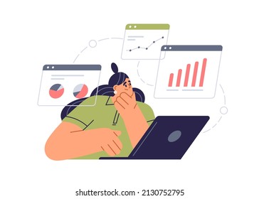 Employee works online with business electronic documents, analyzing financial charts and graphs. Person studying data, report at laptop computer. Flat vector illustration isolated on white background