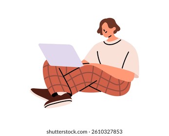 Employee works remotely from home office. Student studies in distance education by laptop. Freelancer writes, communicates online by computer. Flat isolated vector illustration on white background.