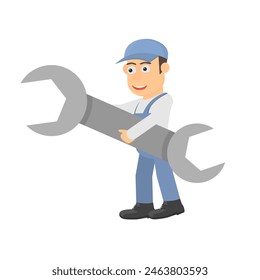 Employee with a wrench. Handyman, vector illustration
