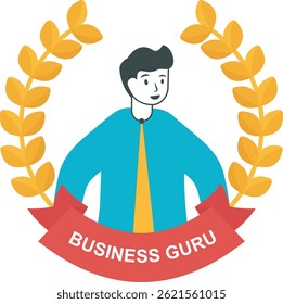 Employee of the year award. Best award wreath for business. Man portrait. Vector, illustration, flat

