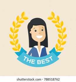 Employee of the year award. Best award wreath for business. Woman brunette portrait. Vector, illustration, flat