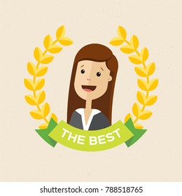 Employee of the year award. Best award wreath for business. Woman portrait