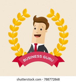 Employee of the year award. Best award wreath for business. Man portrait. Vector, illustration, flat