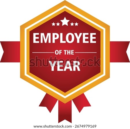 Employee of the Year award vector badge template with a golden frame and red ribbon. A premium emblem for corporate recognition and business achievement certificates