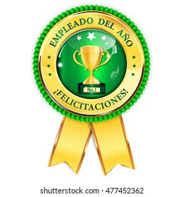 Employee of the Year, Congratulations (Spanish language: Empleado del Ano, Felicitationes) - golden green award ribbon