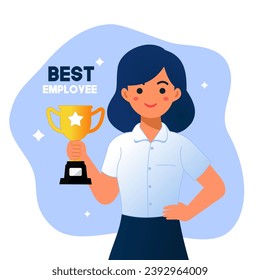  Employee of the year vector illustration. Elegant businesswoman holding award. Congratulation for the best employee