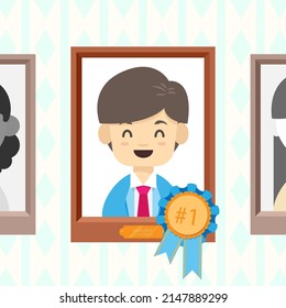 Employeer of the month concept. Best worker year reward. Top employee medal award. Business contest symbol. Prize congratulation Corporate loyalty Office winner cup Job achievement Vector illustration