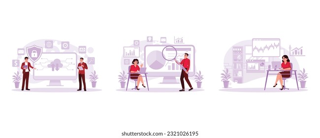 Employees access the network connection system locked in the cloud server room. Workers who analyze trade data. Business people are working using AI technology. Trend Modern vector flat illustration.