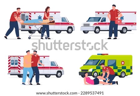 Employees of ambulance doctors on the background of an ambulance. Specially equipped vans for providing assistance to the sick. Vector illustration