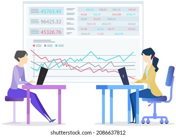 Employees analysing statistical indicators, working together. Businesswomen sitting with laptops, surfing internet, brainstorming, coworking. Managers use computers, modern technologies at workplace