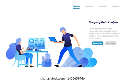 employees analyze company statistical data. search for and solve corporate problems in data analysis. vector illustration concept for landing page, web, ui, banner, flyer, poster, template, background